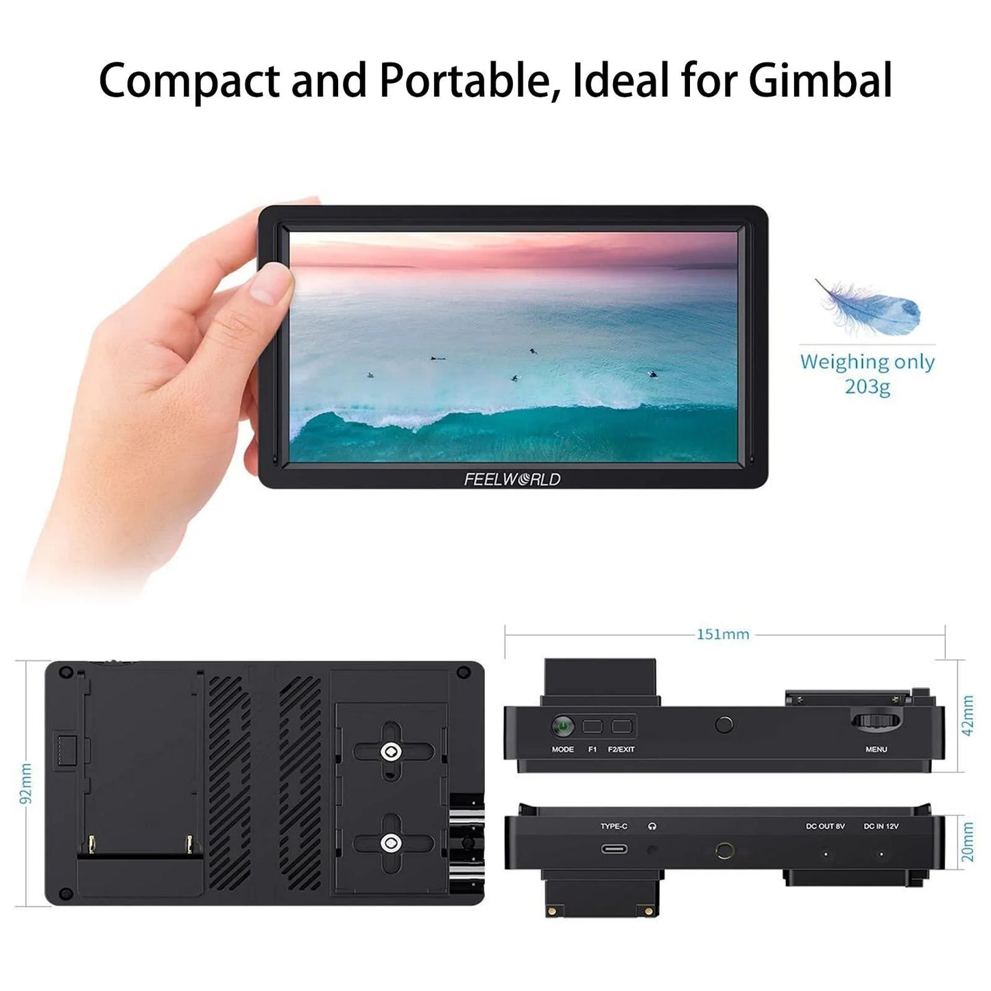FEELWORLD FW568S 6 Inch On-Camera Monitor FHD IPS 3G-SDI 4K HDMI F970 External Power And Install Kit (Black)
