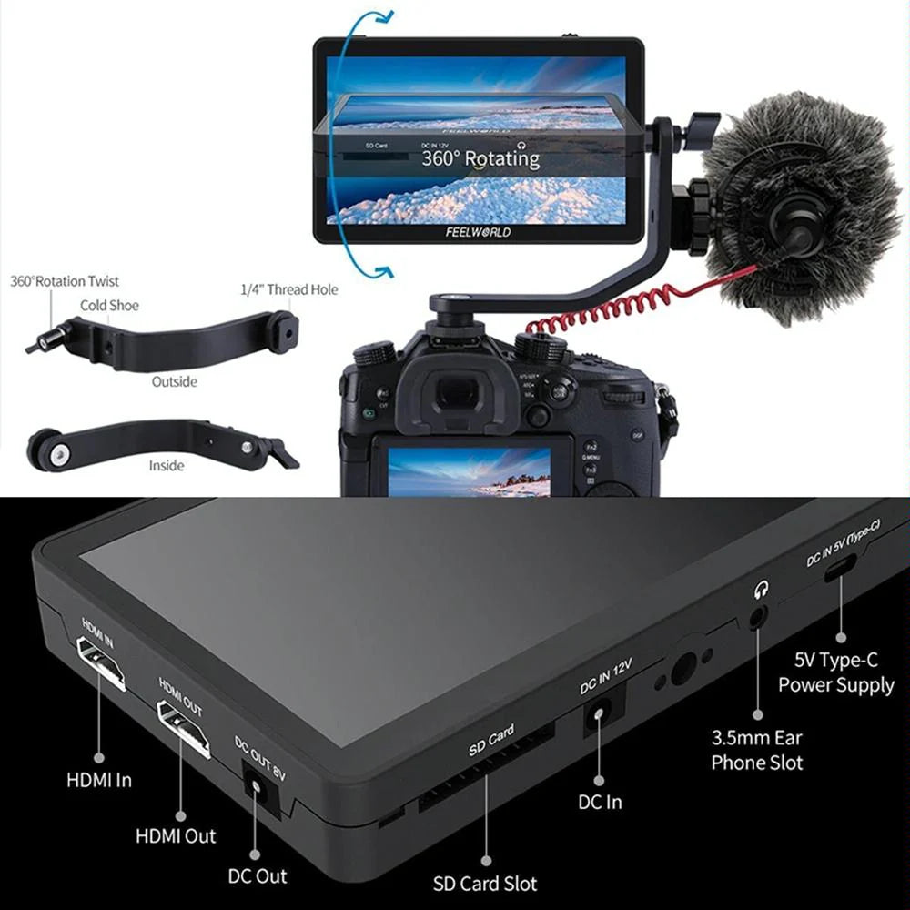 FEELWORLD F6 Plus V2 6 Inch 3D LUT Touch Screen DSLR Camera Field Monitor, IPS FHD1920x1080 4K HDMI Input & Output, With Tilt Arm