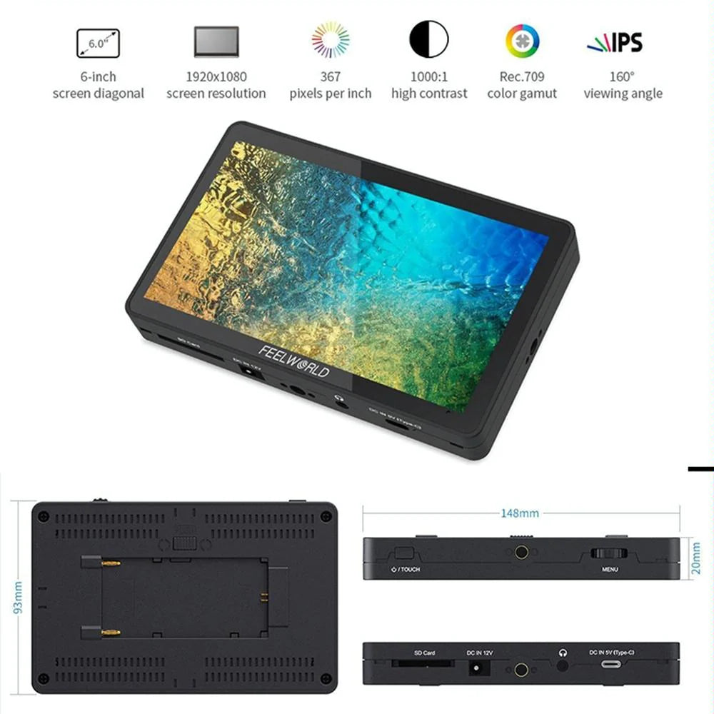 FEELWORLD F6 Plus V2 6 Inch 3D LUT Touch Screen DSLR Camera Field Monitor, IPS FHD1920x1080 4K HDMI Input & Output, With Tilt Arm