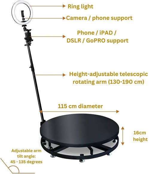 360 Photo Booth PRO – 115cm AUTOMATIC Metal Round Shape (360 camera booth, 360 video booth)