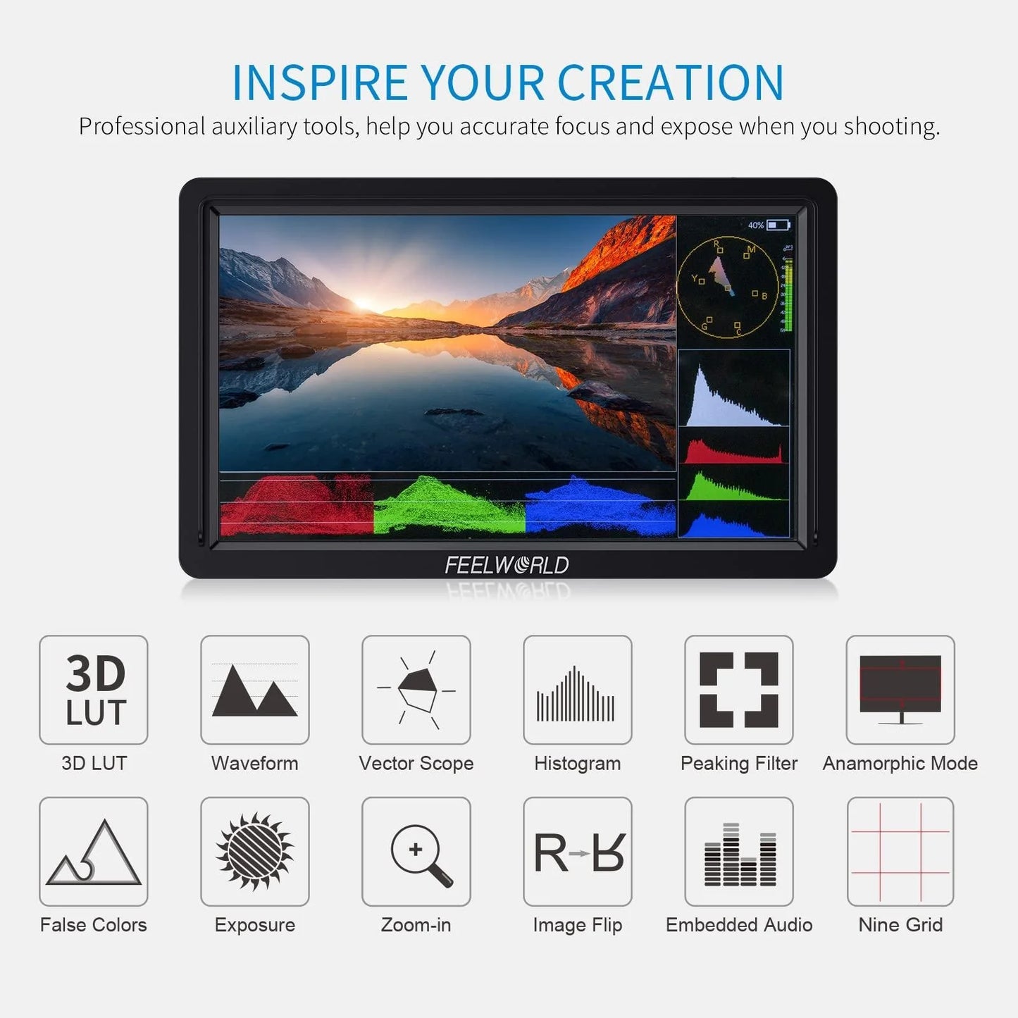 FEELWORLD FW568S 6 Inch On-Camera Monitor FHD IPS 3G-SDI 4K HDMI F970 External Power And Install Kit (Black)