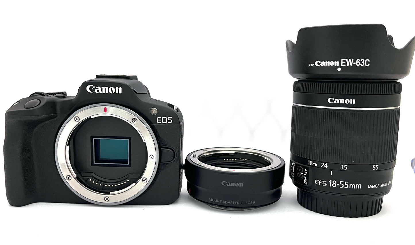 Canon EOS R50 Mirrorless Digital Camera with EF-S 18-55mm STM Lens with EF-EOS R mount adapter (used)