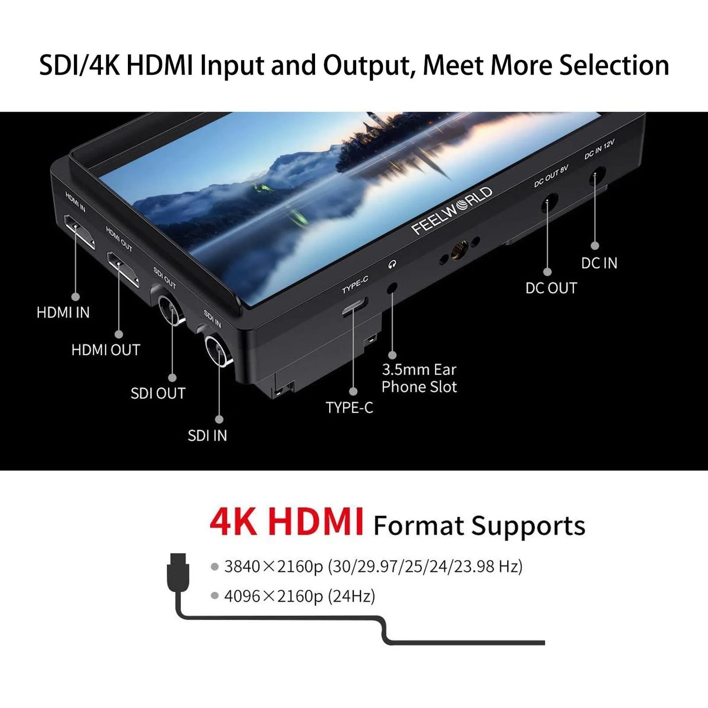 FEELWORLD FW568S 6 Inch On-Camera Monitor FHD IPS 3G-SDI 4K HDMI F970 External Power And Install Kit (Black)
