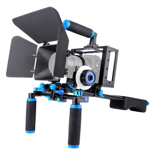 Dual Handles Camera Shoulder Mount + Camera Cage Stabilizer Kit with Matte Box + Follow Focus for DSLR Camera / Video Camera