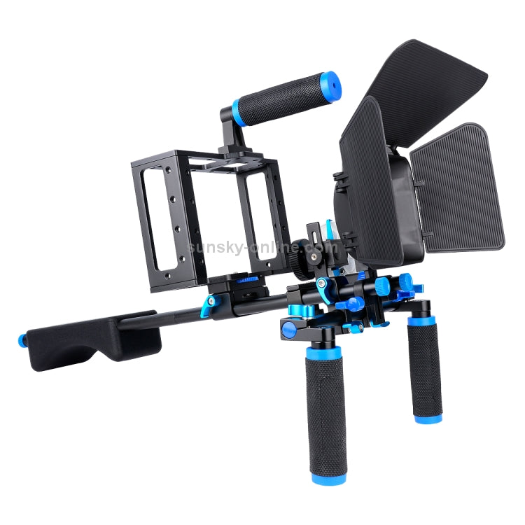 Dual Handles Camera Shoulder Mount + Camera Cage Stabilizer Kit with Matte Box + Follow Focus for DSLR Camera / Video Camera