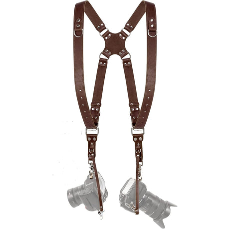 Camera Harness for 2 Cameras Dual Shoulder Leather Camera Strap DSLR/SLR Brown